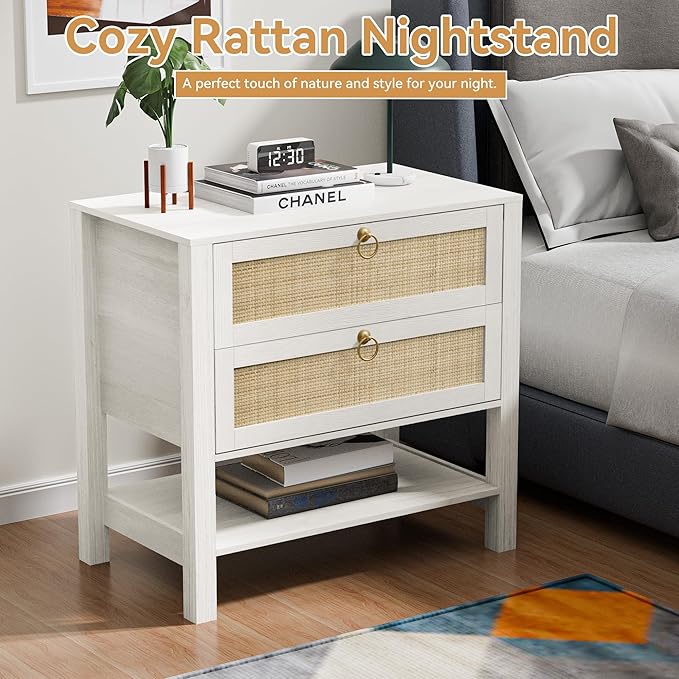 White Night Stand Set of 2 with 2 Drawers and Storage Shelf, 26” Tall Boho Nightstand, Wood Large Bedside Table for Bedroom, Side Table, White