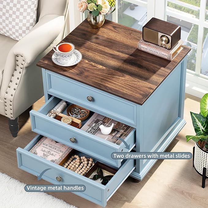 24" Wide Farmhouse Night Stand,Large End Table with 3 Drawers & Metal Handle,Wood Dresser for Bedroom, Bed Side Table Chest of Drawers Cabinet,Light Blue Nightstand for Living Room,Closet