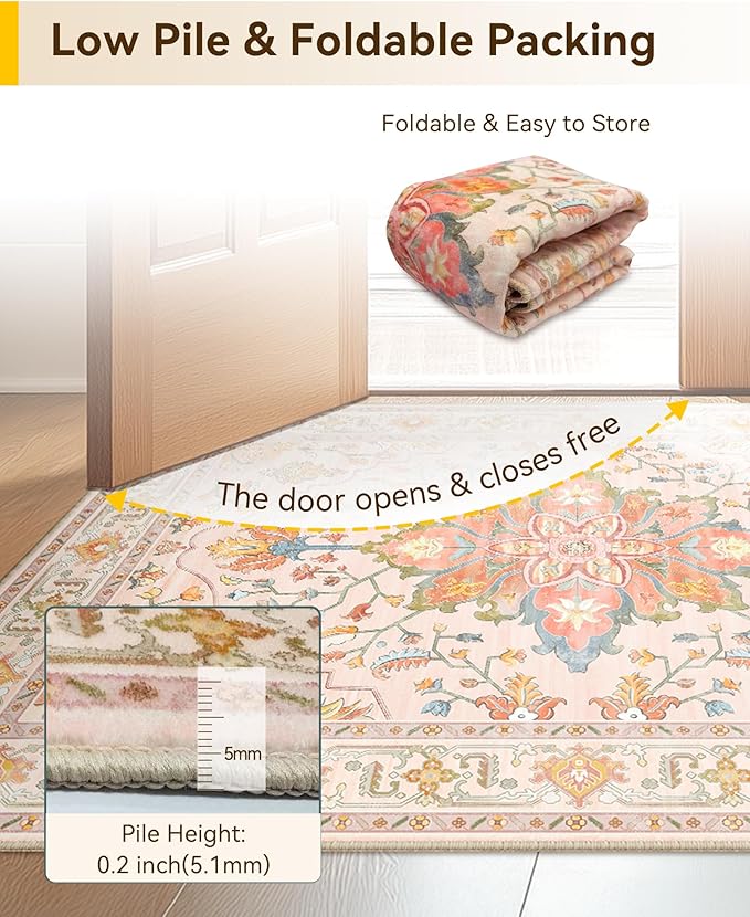 Area Rugs 9'x12' Washable Non-Slip, Floral Vintage Distress Print Pattern Medallion Carpet for Living Room Bedroom Dining Room, Light Pink Colorful