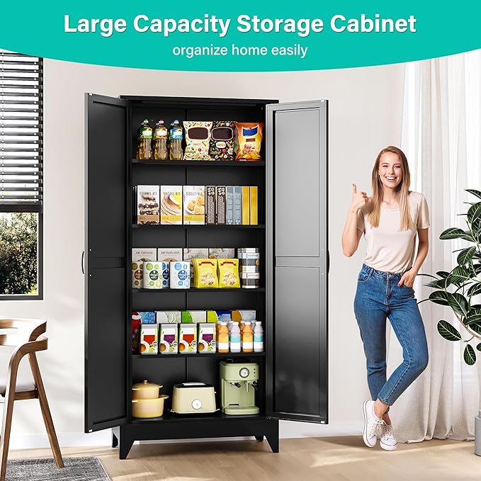 SISESOL 75" Tall Pantry Cabinet,Farmhouse Kitchen Pantry Storage Cabinets with 2 Doors and 4 Shelves,Black Metal Storage Cabinet,Large Cupboard for Home,Kitchen,Dining/Living Room