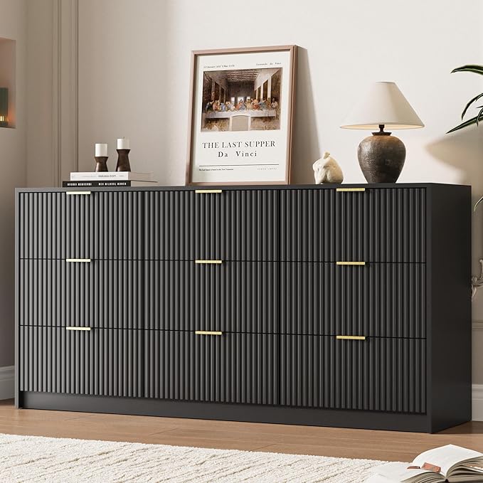Black 9 Drawer Dresser for Bedroom, 63" Wide Modern Fluted Dresser with Gold Metal Handles, Chest of Drawers for Bedroom, Living Room, Entryway, Hallway