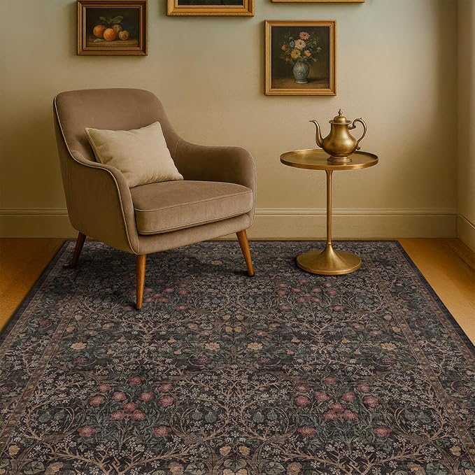 Washable Dark Taupe Brown 4x6 Area Rugs for Living Room, Bedroom Beside Rug, Kitchen, Mudroom, Non-Slip Low Pile Ultra Soft Stain Resistant, Small Vintage Green Botanical Floral Carpet