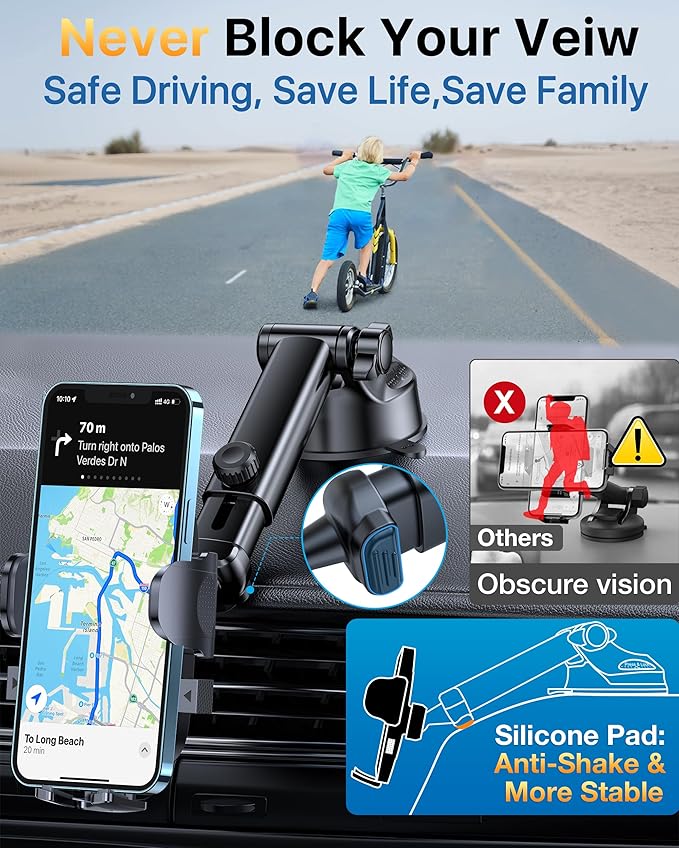 YRU [2025 Upgrade Extreme Strong Suction] Car Phone Holder Mount,[Bumpy Road Stable] Dashboard Cell Phone Holder for Car Vent Windshield Phone Stand for iPhone 16 15 14 13 Pro Max Samsung Truck, Blue
