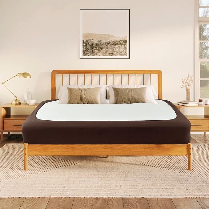 Biscaynebay Decorative Box Spring Cover King & Cal King Size, Brown Luxurious Jersey Knitting Stretchy Wrap Around 4 Sides Bed Skirt for Home/Hotels, Easy Fit Wrinkle & Fade Free Machine Washable