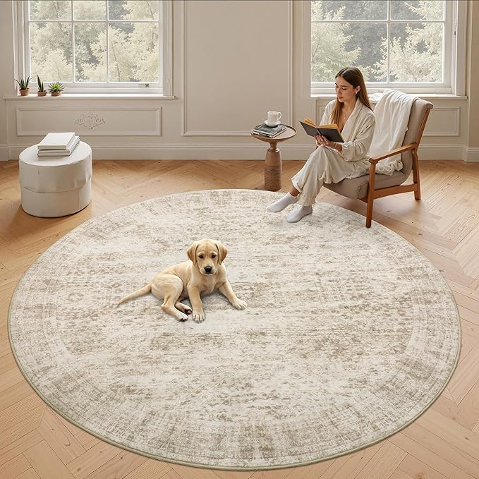 9x9 Beige Round Rug 9ft Living Room Circle Rug Vintage Round Area Rug Non Slip Indoor Carpet for Apartment