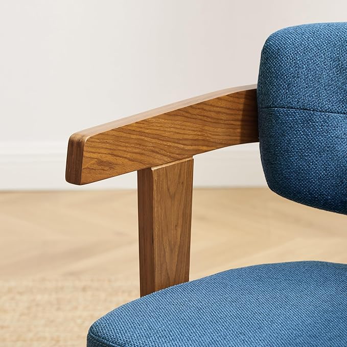 Art Leon Office Chair No Wheels - Mid Century Modern Desk Chair Fabric Upholstered Swivel Dining Chairs with Wood Legs for Small Spaces Home Office Living Room Bedroom Study, Blue/Walnut