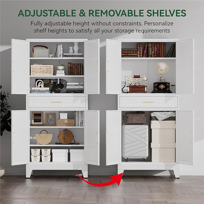 71" Tall Farmhouse Pantry Cabinet,Metal Cabinet with Adjustable Shelves and Drawer,Storage Cabinet for Kitchen Dining Room Garage,White