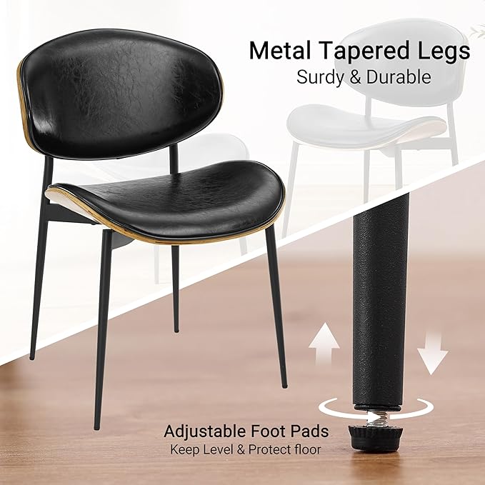 Art Leon Dining Chairs Set of 4, Walnut Bentwood, Mid Century Modern Chair, Black Faux Leather Kitchen Dining Room Chairs with Metal Legs, Accent Chairs for Bedroom