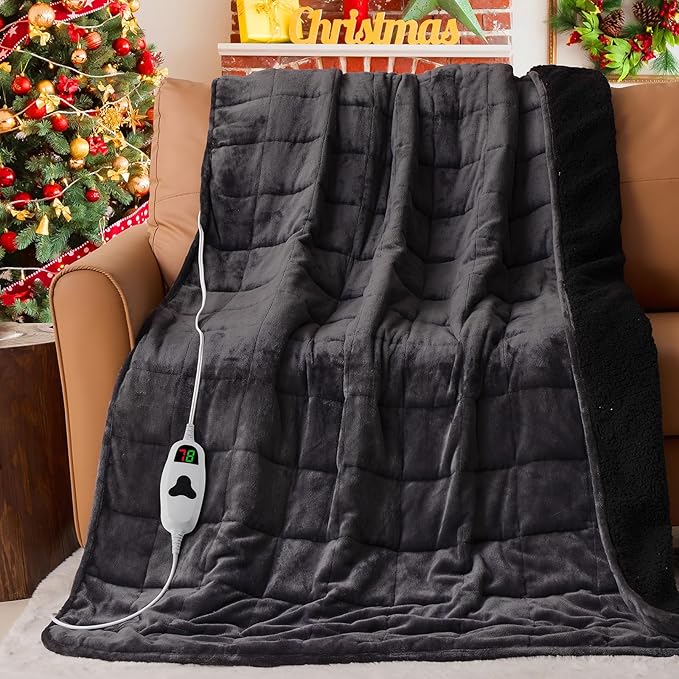 CYMULA Heated Weighted Blanket for Adults, Weighted Heated Blanket 48" x 72", 15lbs Sherpa Fleece Weighted Electric Blanket Soft Heating Blanket with 10 Heating Levels & 1-8 Hours Auto Off, Dark Grey