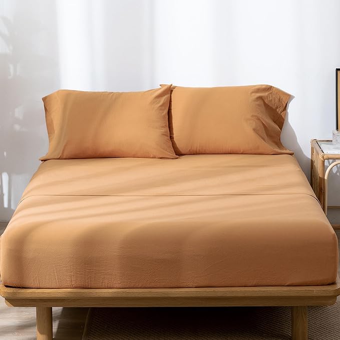 MooMee Bedding Sheet Set 100% Washed Cotton Linen Like Textured Breathable Durable Soft Comfy (Solid Burnt Orange, King)