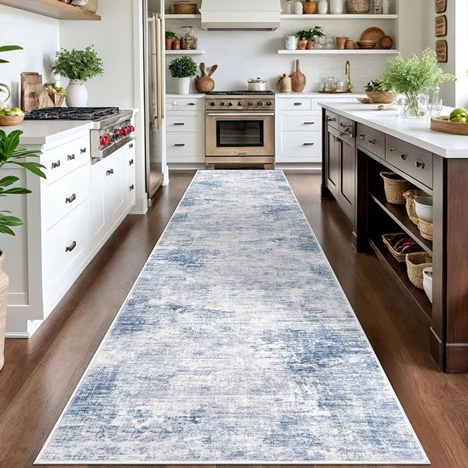IOHOUZE Abstract Runner Rug 3x14 Ft Washable Runners for Hallways, Non Slip Kitchen Runner Printed Faux Wool Entryway Runner Indoor, Modern Abstract Floor Carpet for Hall Stair, Light Blue White