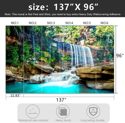 -Green Lake Waterfall Scenery Fabric Wallpaper Living Room Woodland Forest Mountain Bedroom Bathroom Large Wall Mural- 137"x96"（ not Peel and Stick）