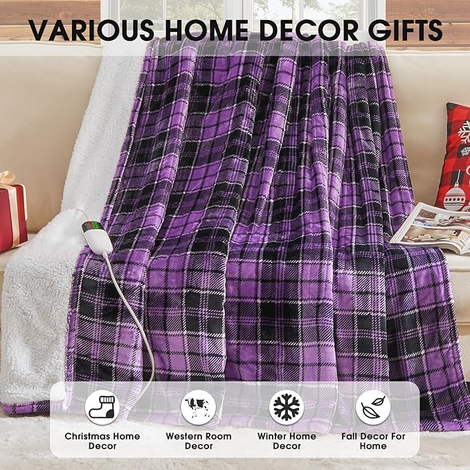 OCTROT Heated Blanket Electric, Twin Size 62X84, Heating Blanket with 10 Heating Levels & 8 Hours Auto Off, Purple Checkered Plaid Sherpa Blankets Warmer for Adults, Fast Heating and Washable