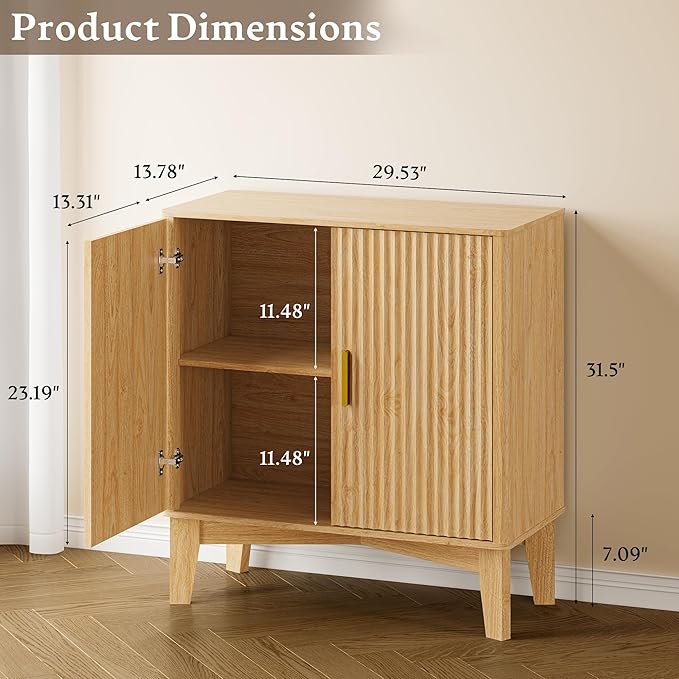 Storage Cabinet with Doors and Adjustable Shelf, Modern Fluted Sideboard Buffet Cabinet, Freestanding Coffee Bar for Kitchen, Pantry, Entryway, Living Room (Natural Oak)
