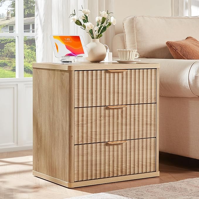 LEYAOYAO Fluted Dresser and Nightstand Sets, Wood 48" Wide Dresser & 23" Night Stand with Charging Station, 2 Piece Bedroom Furniture Set, Chest of Drawers for Bedroom, Home, Living Room,Wood