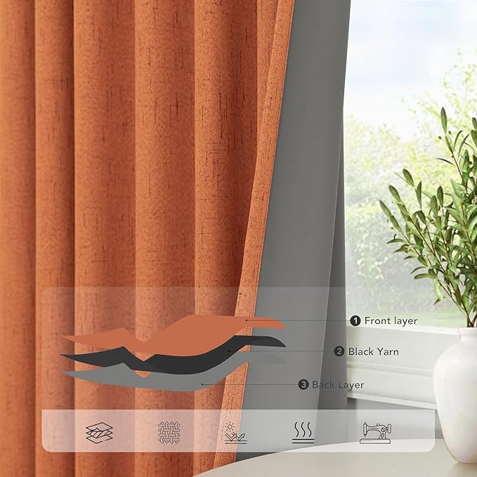 Burnt Orange 100% Blackout Window Curtain Panels Light Blocking Linen Boho Black Out Drape for Nursery 84 Inch Long Thermal Insulated Draperies for Living Room Bedroom Fall Decor 2 Pieces 52x84 Length