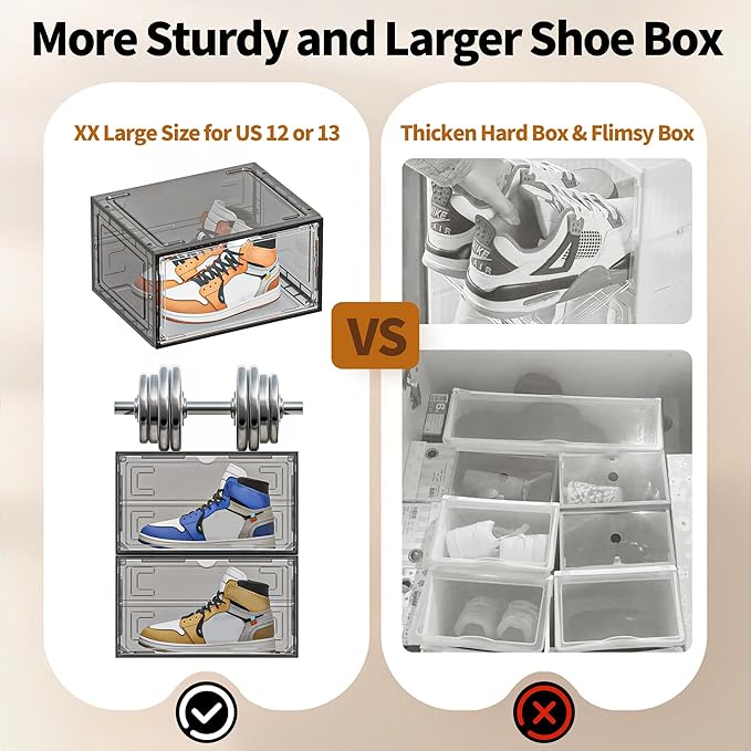6 Pack XX Large Shoe Organizer, Heavy-Duty Hard Thicken Plastic Clear Stackable Shoe Storage Box Organizer for Closet, Space-Saving Shoe Rack Display Case Bin Containers for Sneakers, Grey