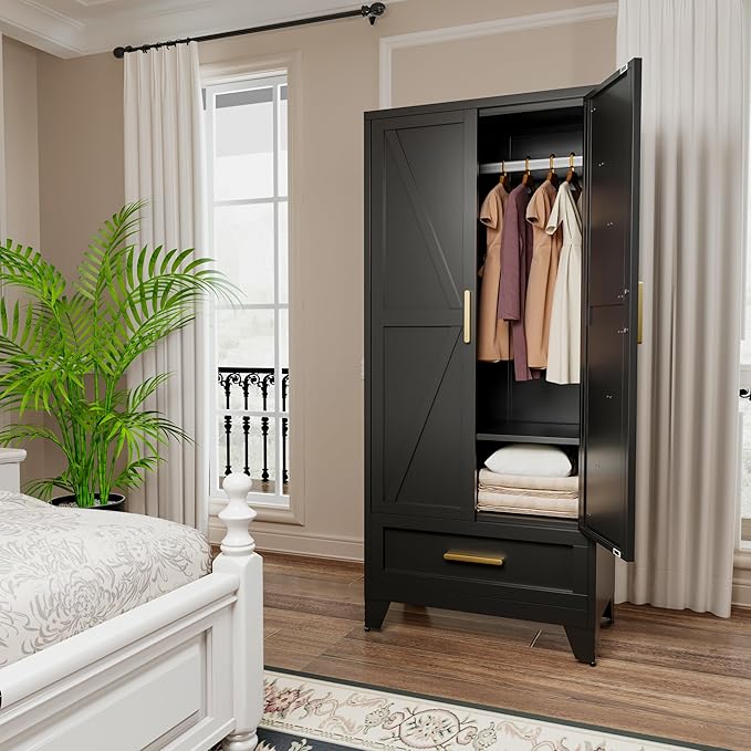 COFaR 71 Farmhouse Metal Wardrobe Closet with Hanging Rod, 2 Barn Doors, Adjustable Shelves, Steel Armoire with Drawer for Home, Bedroom Black