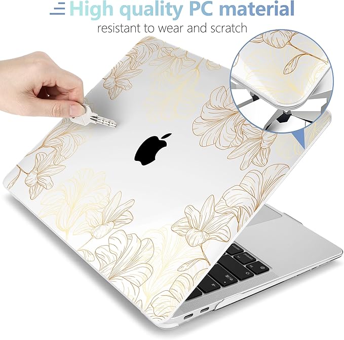 MEEgoodo for MacBook Air 13 inch Case 2021 2020 2019 2018 Released A2337 M1 A2179 A1932 with Touch ID, Plastic Hard Shell & Keyboard Cover Compatible with MacBook Air Case 13.3, Drawn Golden Floral