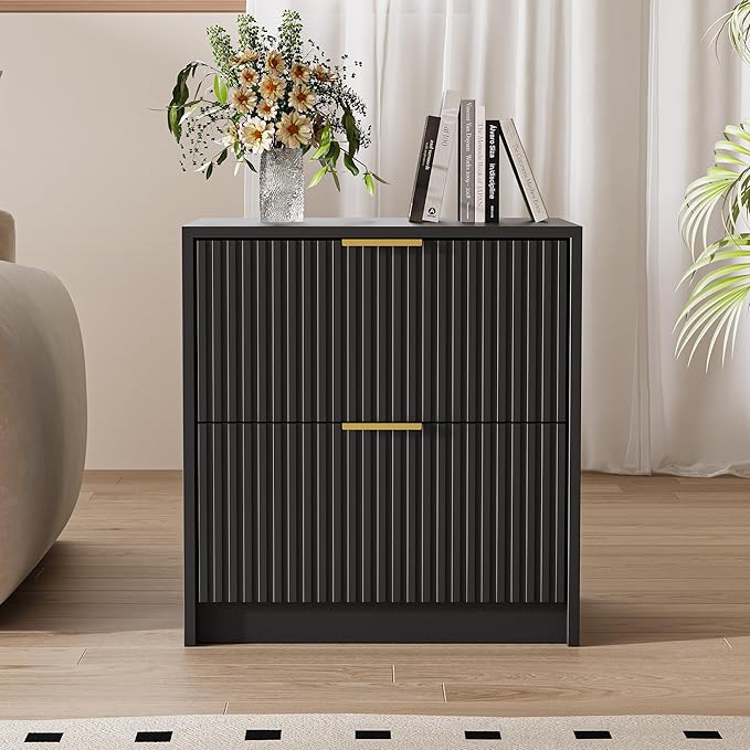Set of 2 Fluted Nightstand with 2 Drawers, Modern Storage Bedside Table with Golden Metal Handles, Wooden End Table for Bedroom, Black