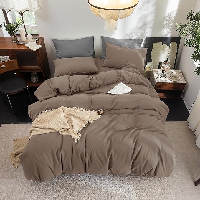 FOSSA Duvet Cover Set 100% Washed Cotton Linen Feel Super Soft Breathable Cozy 3 Pieces Bedding Sets Solid Pale Brown Twin