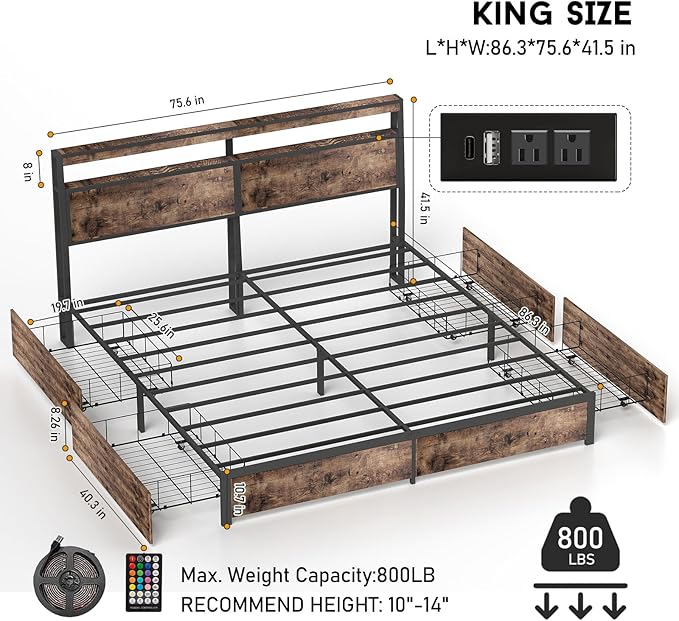 King Size Bed Frame with 4 Storage Drawers and Headboard with Charging Station and LED Lights,2 Tier Solid Wood Headboard Storage,Noise Free,Easy Assembly, Vintage Brown