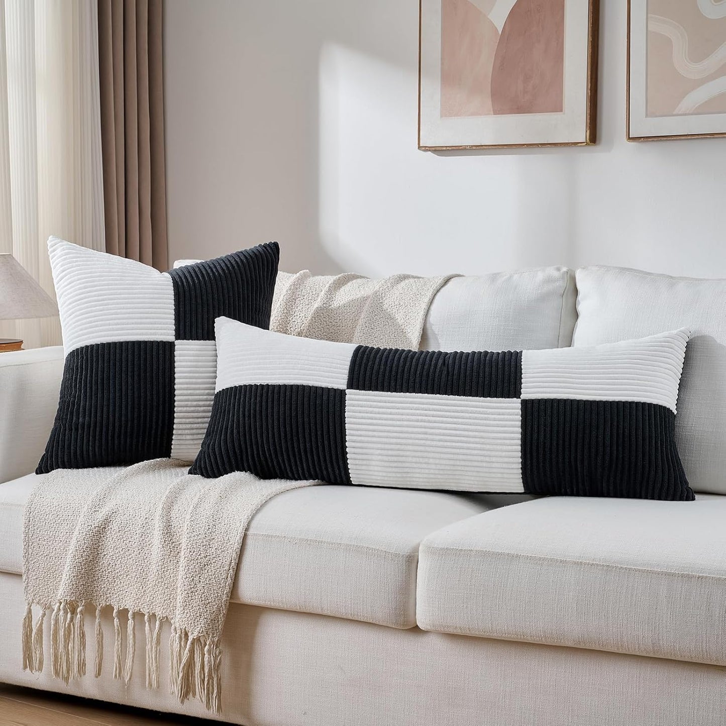 Fancy Homi Set of 2 Black White Lumbar Decorative Throw Pillow Covers 12x20 Inch for Living Room Bedroom Couch Bed Sofa, Soft Striped Corduroy Modern Rectangle Accent Cushion Case 30x50 cm