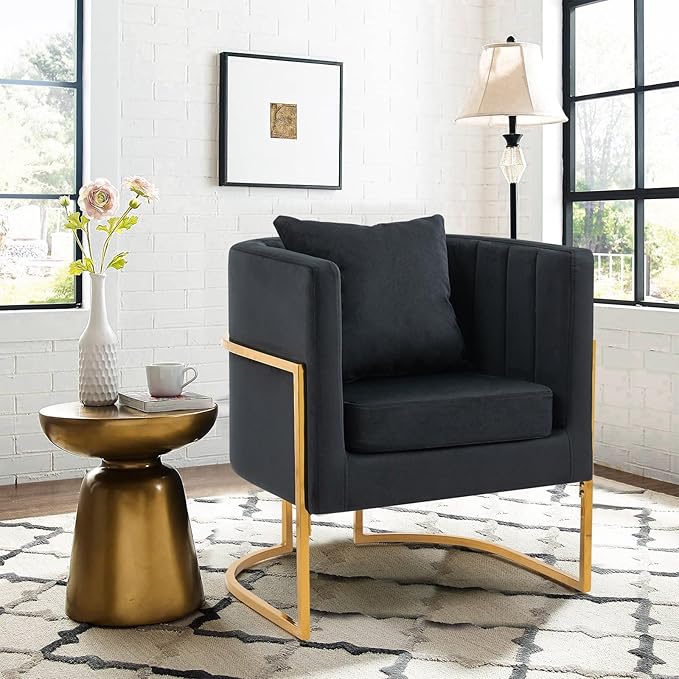 Velvet Modern Accent Chairs Set of 2, Upholstered Barrel Armchair Mid Century with Pillow for Living Room, Comfy Single Vanity Chair with Metal Gold Legs for Bedroom, Black