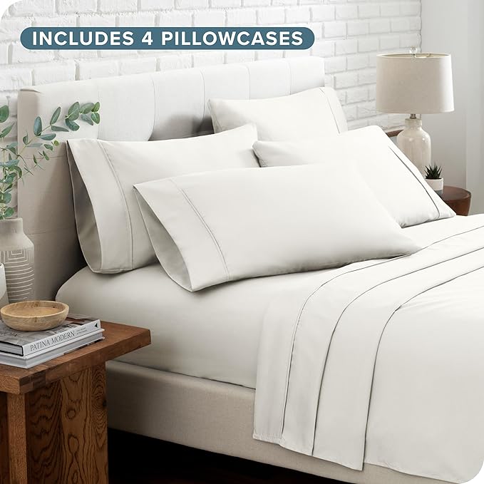 Bare Home Hotel Luxury Full XL Sheet Set, Extra Soft - 6 Piece Set - Deep Pockets - Easy Fit - Cooling & Breathable - Wrinkle, Fade, Stain Resistant - Includes 4 Pillowcases (Full XL, Cream)