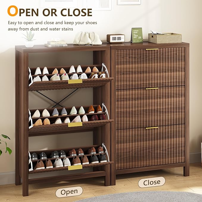 Shoe Cabinet Storage for Entryway, Fluted Shoe Cabinet with 3 Flip Drawers, Hidden Shoe Rack Tall Freestanding Shoe Organizer with Legs for Hallway, Walnut