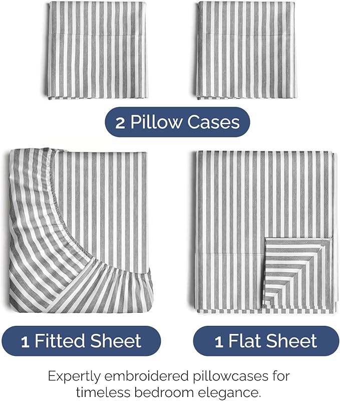 Queen Size 4 Piece Sheet Set - Extra Soft, Breathable & Cooling - Hotel Luxury Durable Bed Sheets - Deep Pockets, Easy-Fit & Wrinkle-Free - Grey Stripes Oeko-Tex