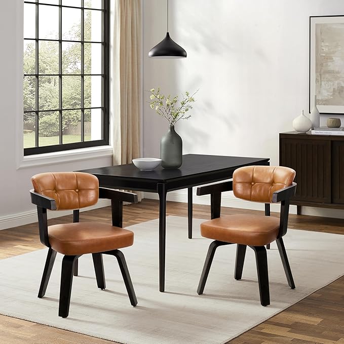Art Leon Desk Chair No Wheels - Modern Faux Leather Office Chair Mid Century Swivel Desk Chair, Comfy Accent Armchair with Wooden Legs for Small Spaces Home Office Living Room Bedroom Study, Brown