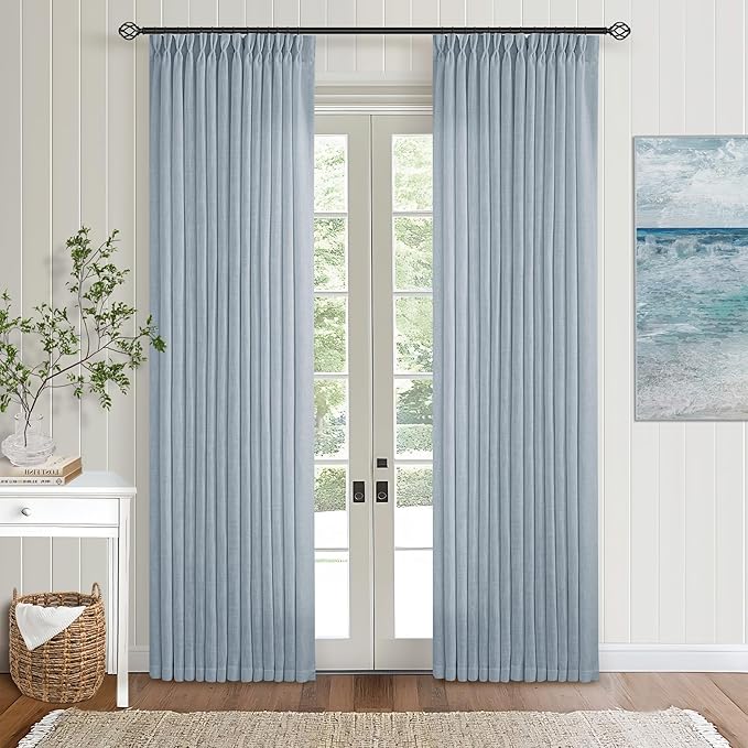 Dusty Blue 80 Inch Pinch Pleated Linen Curtains 2 Panels Set for Living Room Bedroom Boho Farmhouse Light Filtering Semi Sheer Back Tab Pinch Pleat with Hooks Rings Window Curtain 80 Inches Long