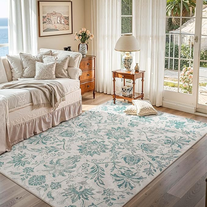 jinchan Torino Floral 5x7 Area Rugs Vintage-Inspired Design Accent Rug Machine Washable Ultra Thin Low Pile Non-Slip Traditional Carpet for Living Room Bedroom Dining Room Home Office