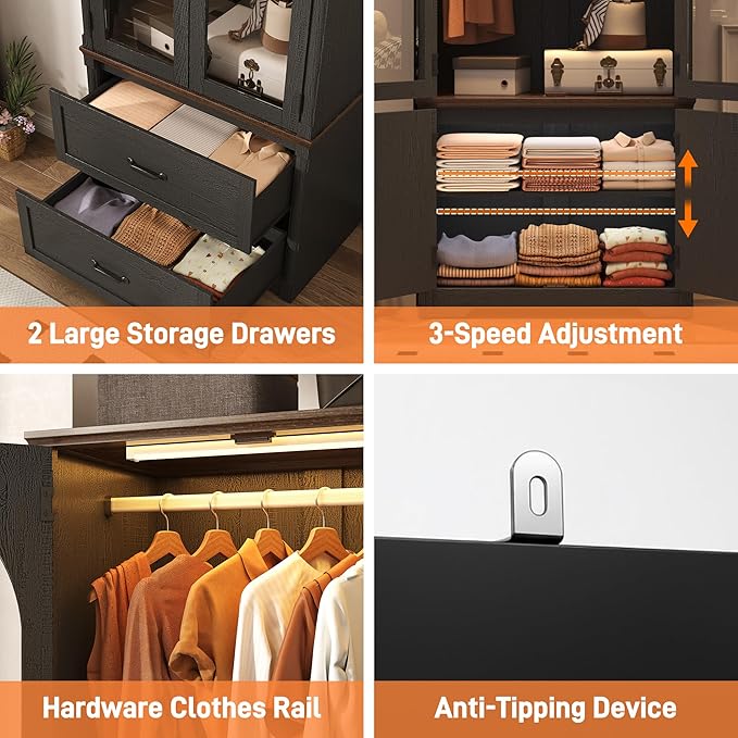 Tall Farmhouse 4 Doors Armoire Wardrobe Closet with LED ,72" Freestanding Arched Wardrobe Closet Cabinet for Bedroom w Glass Doors/Drawers,Wooden Clothing Storage Cabinet,Closets for Bedroom(Black)