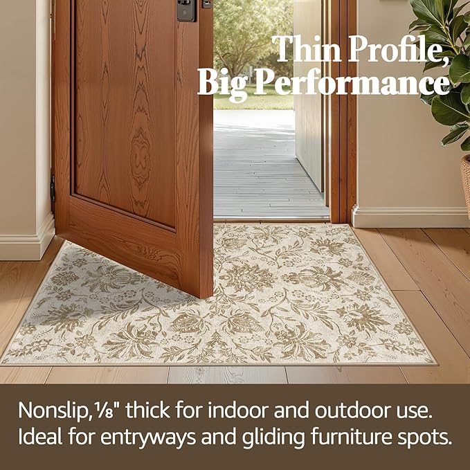 jinchan Torino Runner Rugs 3x10, Vintage-Inspired Floral Neutral Design Machine Washable Non-Slip Ultra-Thin Low-Pile Rubber Backing Traditional Rug for Kitchen Hallway Laundry Room Entryway Taupe