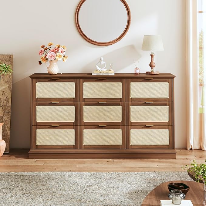 9 Drawer Dresser for Bedroom, 60 Inch Long Dressers & Rattan Chest of Drawers, Boho Style, Large TV Stand for 55, 65, 70 Inch TV, for Bedroom, Living Room, Entryway, Hallway, Walnut