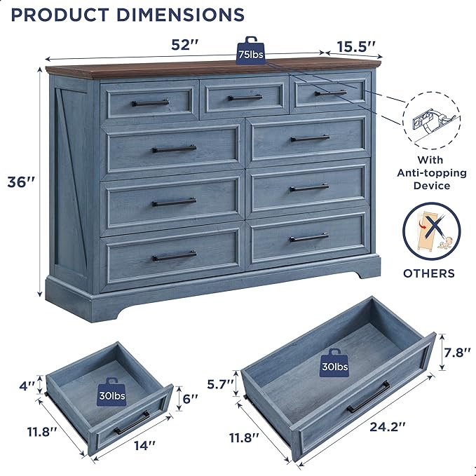JXQTLINGMU 9 Drawers Dresser for Bedroom, Farmhouse 52'' Wide Dressers & Chests of Drawers w/Roman Column, Large Storage Dressers Organizer for Bedroom Hallway, Blue