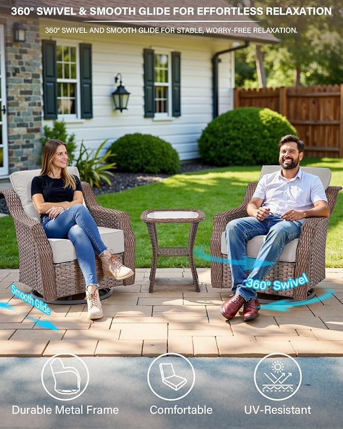 Belord High Back Wicker Outdoor Furniture - 8-Piece Patio Conversation Set with Swivel Rocker Glider Patio Chairs Set of 2 and Rattan Couch, Coffee Table and Ottoman for Lawn Backyard Porch Garden