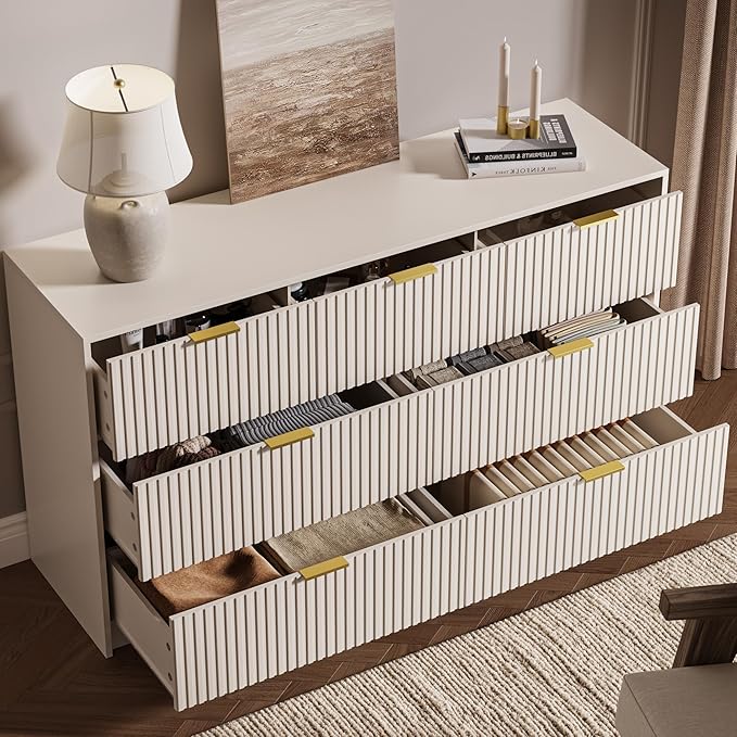 Beige 7 Drawer Dresser for Bedroom, 55.9" Wide Modern Fluted Dresser with Gold Metal Handles, Wide Chest of Drawers for Bedroom, Living Room, Entryway, Hallway
