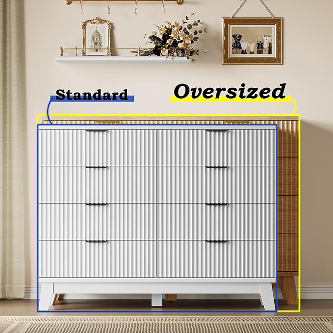Fluted 8 Drawer Tall Dresser, 47.2" Wide Modern Boho Chest of Drawers, Wooden Storage Dresser TV Stand for Bedroom, Living Room, Closet, Hallway, Curved Profile Design