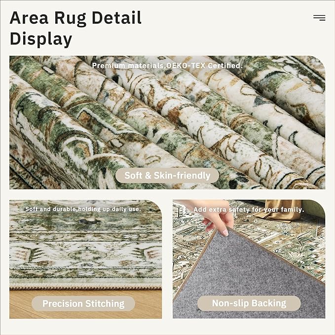 9x12 Area Rugs for Living Room, Non Slip Machine Washable Vintage Rugs, Low Pile Lightweight Large Rug for Bedroom, Dining Room, Home Office Olive
