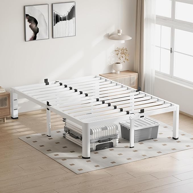 12 Inch White King Size Bed Frame, 3500Lbs Heavy Duty Metal Platform with Round Corner Legs Mattress Slide Stopper, Steel Slat Support No Box Spring Needed, Noise Free, Non-Slip, Easy Assembly