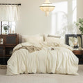 FOSSA Duvet Cover Set 100% Washed Cotton Linen Feel Super Soft Breathable Cozy 3 Pieces Bedding Sets Solid Cream White Oversized Queen