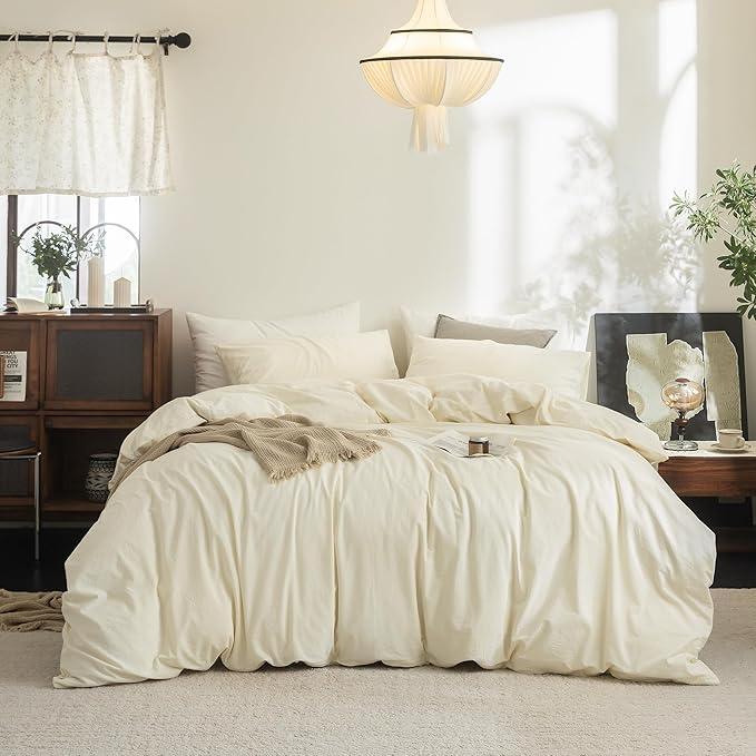 FOSSA Duvet Cover Set 100% Washed Cotton Linen Feel Super Soft Breathable Cozy 3 Pieces Bedding Sets Solid Cream White Super King