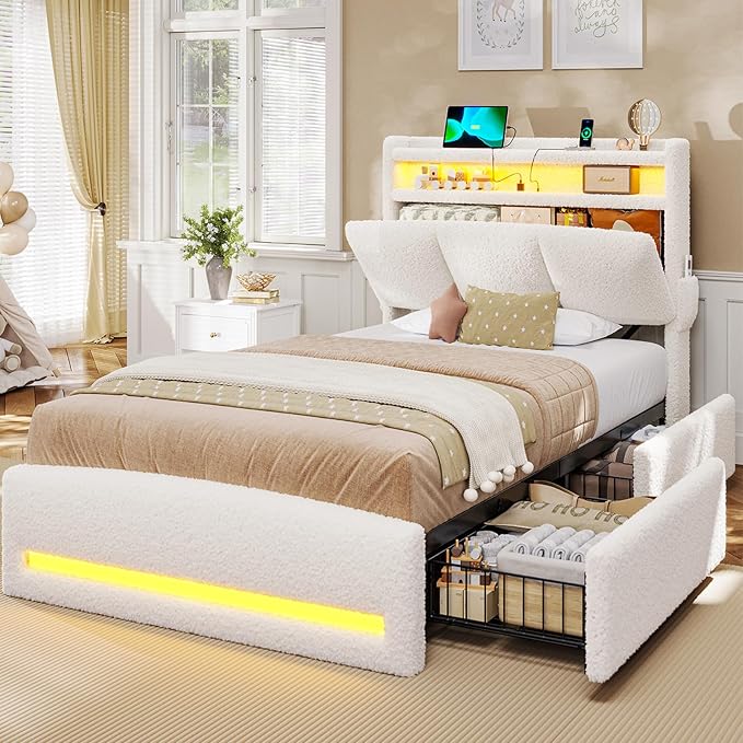 VIAGDO Twin Bed Frames with Storage Headboard and Charging Station, Boucle Upholstered Bed Frame Twin Size with 4 Drawers and LED Lights, Type C and USB, No Box Spring Needed, Cream White