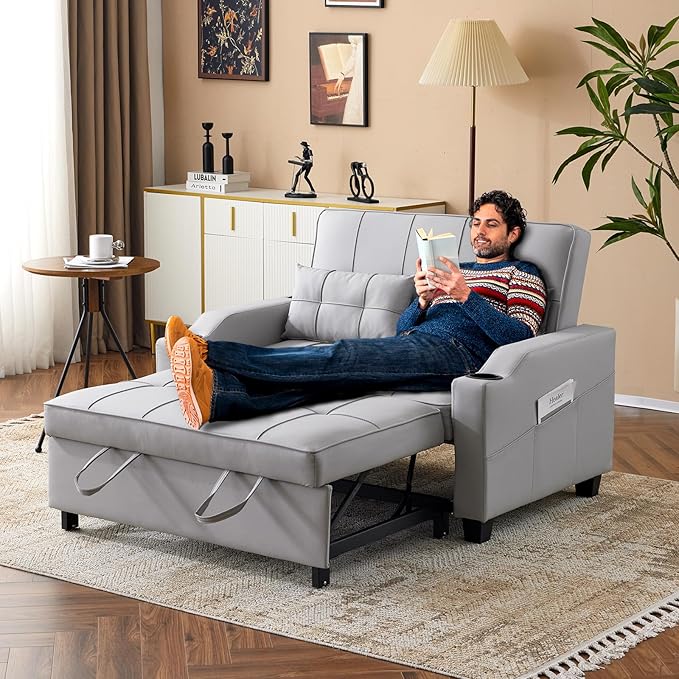 VINGLI Convertible Loveseat Sleeper, Light Grey Faux Leather Futon Sofa Bed Pullout Couch Bed with USB Ports, Cup Holders, Armrest for Living Room, Bedroom, Home Office Apartment