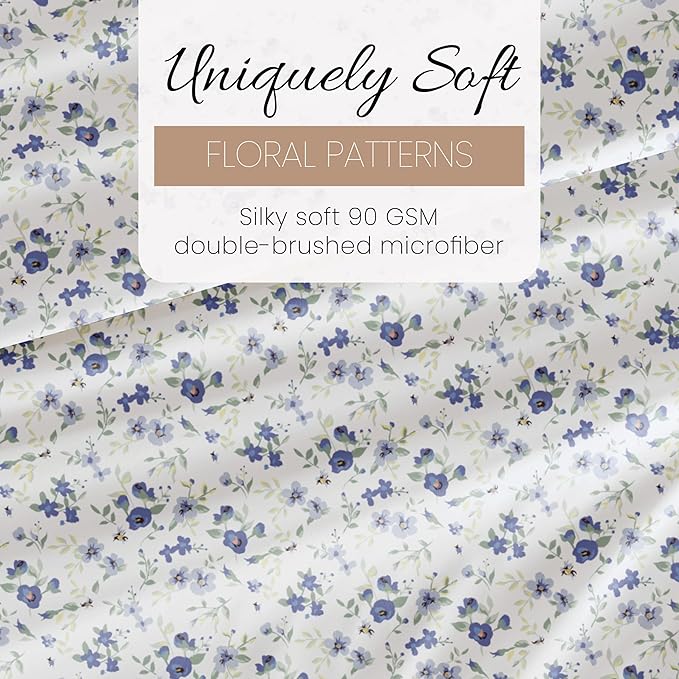 Linen Market 4 Piece Queen Sheet Set - Breathable, Double-Brushed Patterned Cooling Sheets – Oeko-TEX Certified Ultra Soft & Wrinkle-Free 16" Deep-Pocket Queen Sheets - Easy Care Blossoms Light Blue