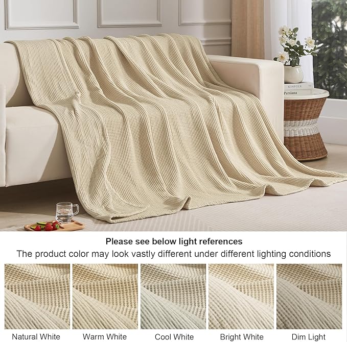PHF 100% Cotton Waffle & Muslin Blanket King Size, Soft Breathable Luxury 400GSM Versatile Reversible Bedding for Bed, Great for Layering in Cold Weather, Home Decor Gift, 104" x 90", French Oak