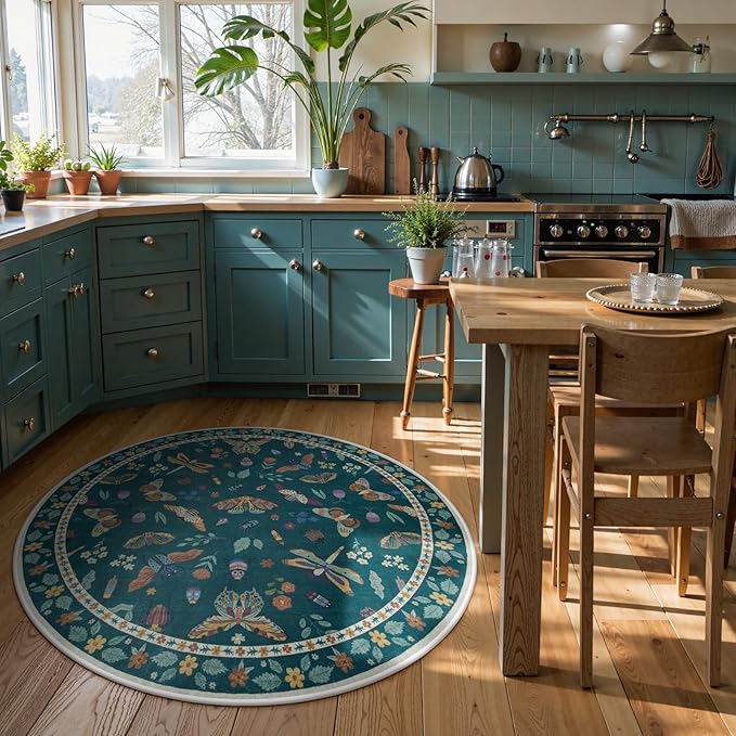 Lahome Insect Washable Round Rugs, Non-Slip Soft Round Rug 4ft Ultra-Thin, Small Boho Circle Carpet for Entryway Kitchen Bedroom Nursery Bathroom, Dark Green